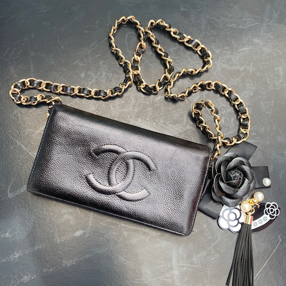 Authentic Chanel Black Quilted Leather Crossbody Wallet with Chain